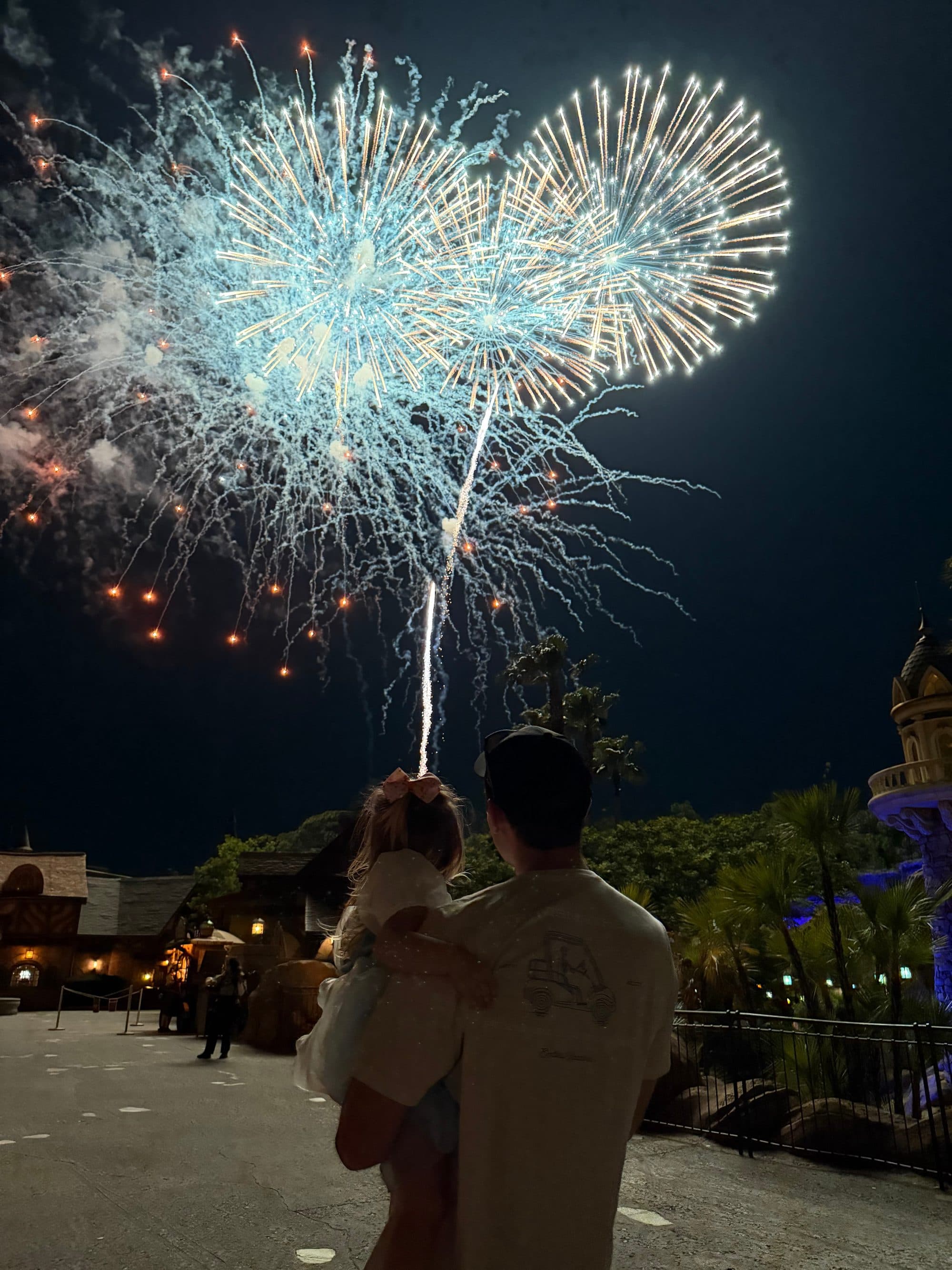 Dad holding his daughter watching Magic Kingdom fireworks light up the sky